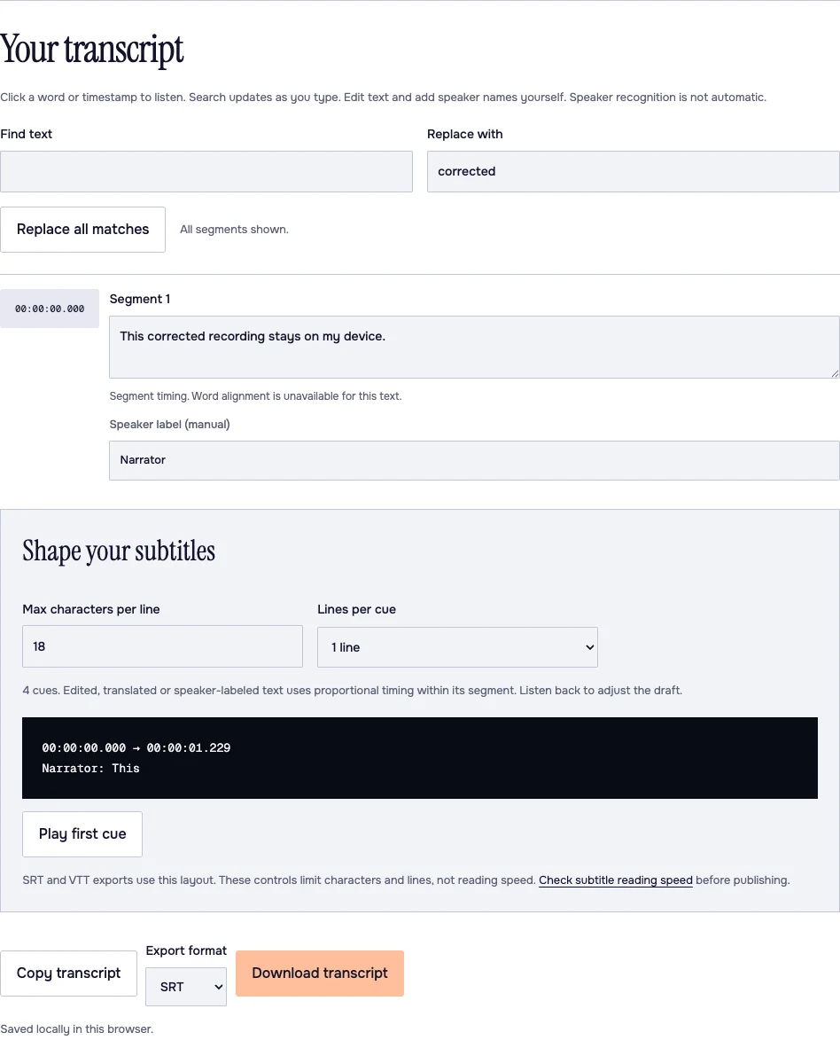 Actual MurmurScribe editor with an edited transcript, a manual Narrator label and SRT selected for export